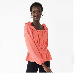 Nine West Fashion Top Size S Long Sleeve Square Neck Peplum Blouse Coral